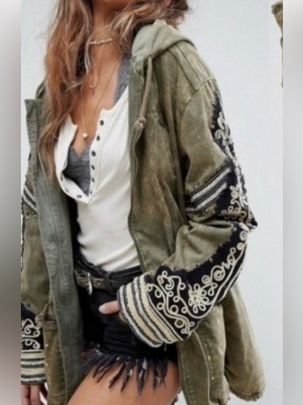 Free People Golden Quills Military Parka Embroidered Hooded Jacket L